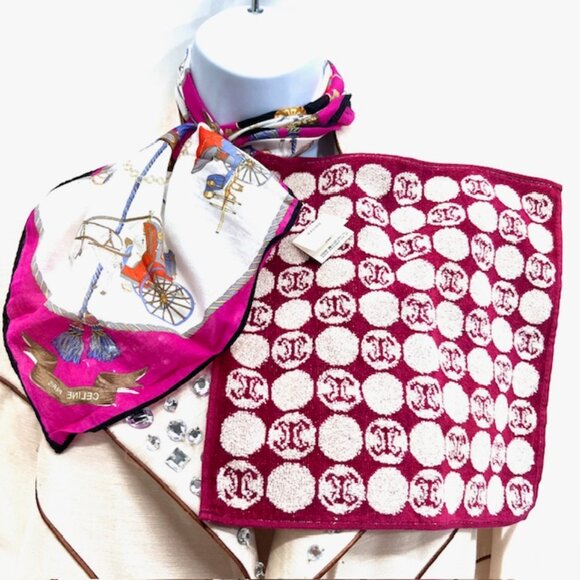 Set of 2 Celine Paris 1 Handkerchief 19" Cotton +1 Hand Towel 10" pink horse(67) - Picture 2 of 7